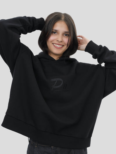 Boxy Hoodie Unisex mit Stickerei in Schwarz